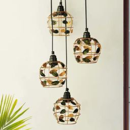 ExclusiveLane Golden & Green Iron Lush Foliage' Handcrafted Chandelier With Hanging Lamp (4 Shades)-image-23