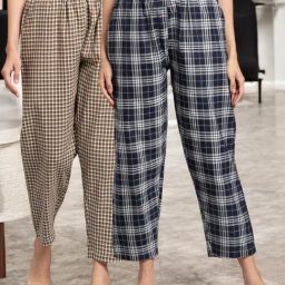 Kryptic Navy Blue & Brown Cotton Relaxed Fit Printed Lounge Pants - Pack of 2-image-89