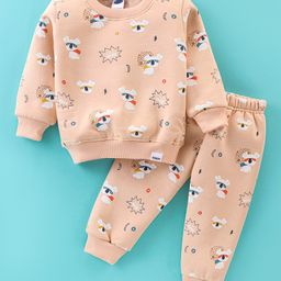 Teddy Fleece Full Sleeves Winter Wear Night Suit With Koala Theme Print - Peach-image-61