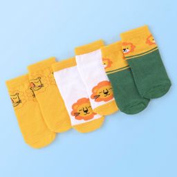 Cute Walk by Babyhug Cotton Blend Ankle Length Anti Bacterial Socks Animal Design Pack of 3 - White & Yellow-image-55
