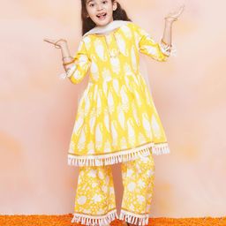 AJ Dezines Three Fourth Sleeves Paisley & Floral Motif Printed With Tassel Hem Detailed Coordinating Kurta & Sharara Set - Yellow-image-22
