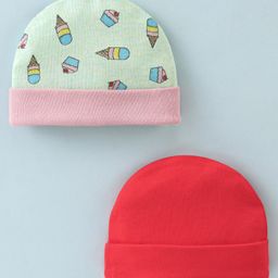 Ben Benny Cotton Knit Caps Solid & Ice Cream  Print Green & Red Pack of 2- Diameter 9 cm-picture-21