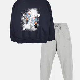 Kiddopanti Fleece Full Sleeves Shoes Printed Sweatshirt With Joggers Track Set - Navy Blue & Grey Melange-picture-21