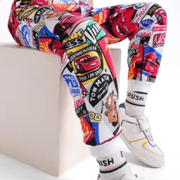 Babyhug Disney Cotton Looper Knit Full Length Lounge Pant With Cars Print - Red-picture-46