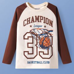 Pine Kids Cotton Knit Full Raglan Sleeves T-Shirt with Text Print - Off White & Brown-image-95