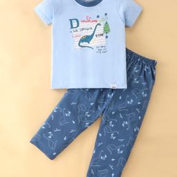 Teddy Cotton Half Sleeves Night Suit With Dinosaur Print - Blue-image-68