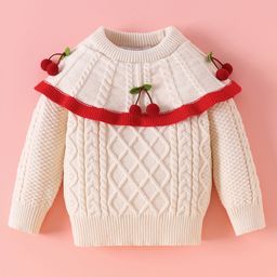 Kookie Kids Full Sleeves Pullover Sweater with Cherry Applique & Cable Knit Design- Beige-image-48