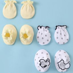 Ben Benny 100% Cotton Knit Mitten & Booties Set Solid & Smiley Print Pack of 2- Yellow & White-picture-7