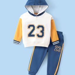 Babyhug Cotton Knit Full Sleeves Hooded T-Shirt & Lounge Pants Set With Number Print - White & Blue-image-83