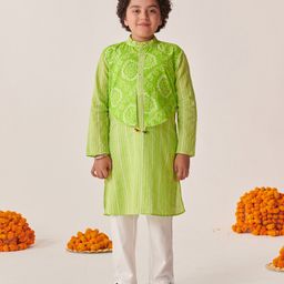 Pspeaches Full Sleeves Striped Kurta With Pyjama & Abstract Printed Jacket - Green-image-15