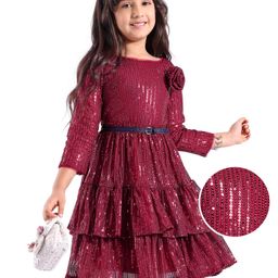 Hola Bonita Three Fourth Sleeves Knee Length Tiered Sequined Party Dress with Floral Applique - Maroon-image-35