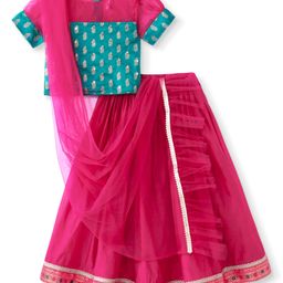 Babyhug Woven Short Puffed Sleeves Brocade Pattu Pavada Lehenga Choli & Dupatta Set- Fuschia-image-78