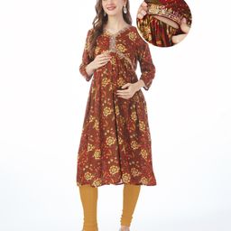 Bella Mama Woven Three Fourth Sleeves Floral Embroidered Yoke Maternity Kurta with Pocket - Maroon-picture-10