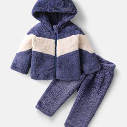 Babyhug Woven Full Sleeves Hooded Fur Winter Wear Suit with Colour Block Design - Navy Blue-image-74