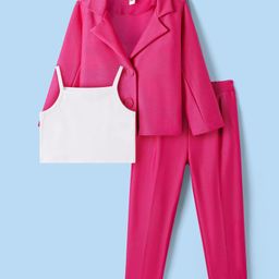 Babyhug Woven Full Sleeves Solid ColourBlazer with Top & Trouser Set - Pink-image-40
