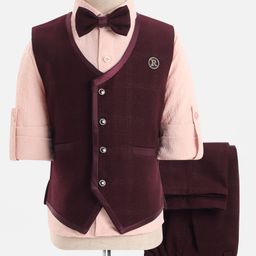 Rikidoos Full Sleeves Self Designed Shirt With Textured Waistcoat Pant & Bow Set - Wine & Peach-image-10