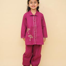 Little Ginnie Cotton Full Sleeves Umbrella Embroidered & Lace Embellished Kurta Pant Set - Purple-image-0