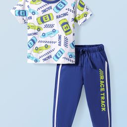 Honeyhap Premium Cotton Knit Half Sleeves Bio Finish Night Suit with Text Print & Tape Detailing - Bright White & Limoges-image-73
