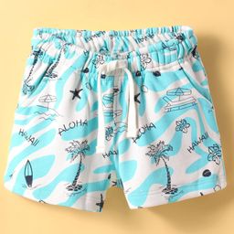Doreme Terry Knit Knee Length Shorts With Tropical Theme Print - Light Blue & White-image-97