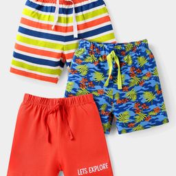 Babyhug Cotton Knit Mid Thigh Length Shorts with Tropical Theme Print & Stripes Pack of 3 - Red Blue & Light Green-image-89