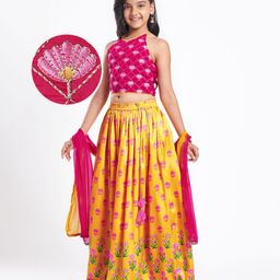 Pine Kids Woven Sleeveless CholiLehenga Set & Dupatta with Floral Embroidery - Yellow & Dark Pink-image-68