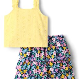 Babyhug Schiffili Knit Sleeveless Top & Skirt with Floral Print - Yellow & Pink-image-121