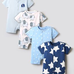 Bonfino Cotton Knit Half Sleeves Front Open Star & Animal Printed Rompers Pack Of 4 - Light Blue & Navy Blue-image-60