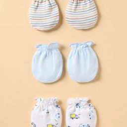 Ben Benny 100% Cotton Knit Mittens with Stripe Design & Truck Print Pack of 3 - Light Blue & White-picture-2