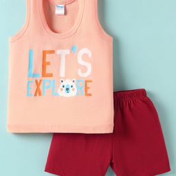 Tango Single Jersey Knit Sleeveless Text Printed Vest & Knee Length Shorts Set - Peach & Red-23
