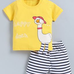 CUTOPIES Cotton Half Sleeves Duck Printed Tee With Striped Shorts Set - Yellow-picture-26