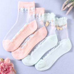 KIDLINGSS Pack Of 2 Hearts Designed & Colour Blocked Socks - Peach & Green-image-54