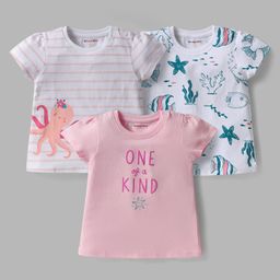 Kookie Kids Single Jersey Knit Half Sleeves Sea Animals Printed T-Shirts with Stripes Pack of 3 - Multicolor-image-94