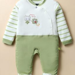 Mini Taurus Interlock Knit Full Sleeves Footed Sleepsuit With Stripe & Text Print - Olive Green-image-52