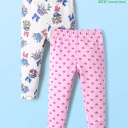 Babyoye 100% Cotton Knit With Eco Jiva Finish Full Length Leggings with Floral & Heart Print Pack of 2 - Pink & White-image-73