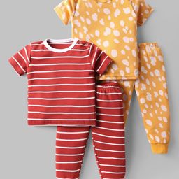 Kidi Wav Pack Of 2 Half Sleeves Striped & Abstract Printed Tees & Coordinating Joggers Set - Multi Colour-image-79