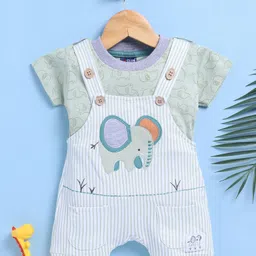 Jb Club Cotton Knit Striped & Elephant Embroidered Dungaree With Half Sleeves Tee - Green-picture-19