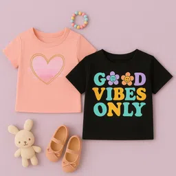 Luke and Lilly Cotton Knit Pack Of 2 Half Sleeves Good Vibes Only Text & Heart Printed Tees - Black & Beige-picture-36