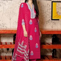 GoSriKi Women Floral Printed Mandarin Collar Kurta With Palazzos & Dupatta-image-42