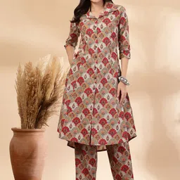 Pistaa Floral Printed Shirt Collar Pure Cotton High-Low A-Line Kurta With Trouser-55