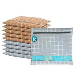 Kuber Industries Grey & Brown 10 Pieces Checked Cotton Saree Cover Organisers-5
