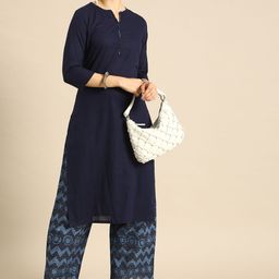 Anouk Women Navy Blue Solid Regular Pure Cotton Kurta with Printed Palazzos-picture-44