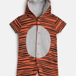 mothercare Infant Boys Coral Red & Black Tiger Print Hooded Pure Cotton Rompers-image-58