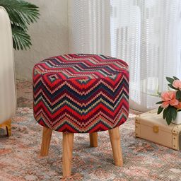 NACIA Red & Blue Printed Wooden Round Ottoman-image-41