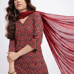 HERE&NOW Ethnic Motifs Regular Pure Cotton Kurta with Trousers & Dupatta-image-21