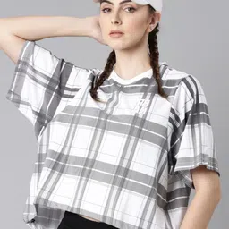 Xtep Women Checked Drop-Shoulder Sleeves Monochrome Pure Cotton Pockets T-shirt-picture-10