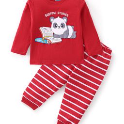 Babyhug Cotton Knit Full Sleeves Panda Printed Night Suit - Red-image-86