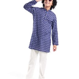 Pine Kids 100% Cotton Full Sleeves All Over Floral Printed Kurta Pyjama Set - Navy Blue-image-99