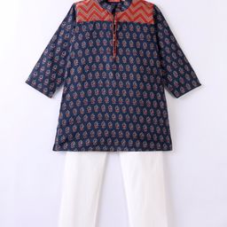 Exclusive from Jaipur Cotton Full Sleeves Kurta & Pyjama Set Ikat Print - Blue & Off White-image-52
