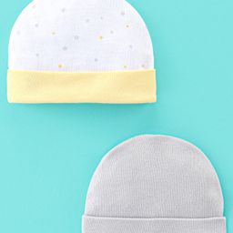 Ben Benny Cotton Knit Cap Star & Solid Print White & Grey Pack of 2- Diameter 9 cm-image-61