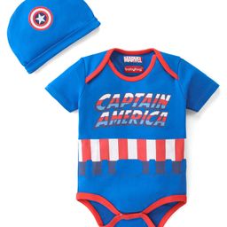 Babyhug Marvel Cotton Interlock Knit Half Sleeves Onesies With Cap & Captain America Graphics - Blue-image-45